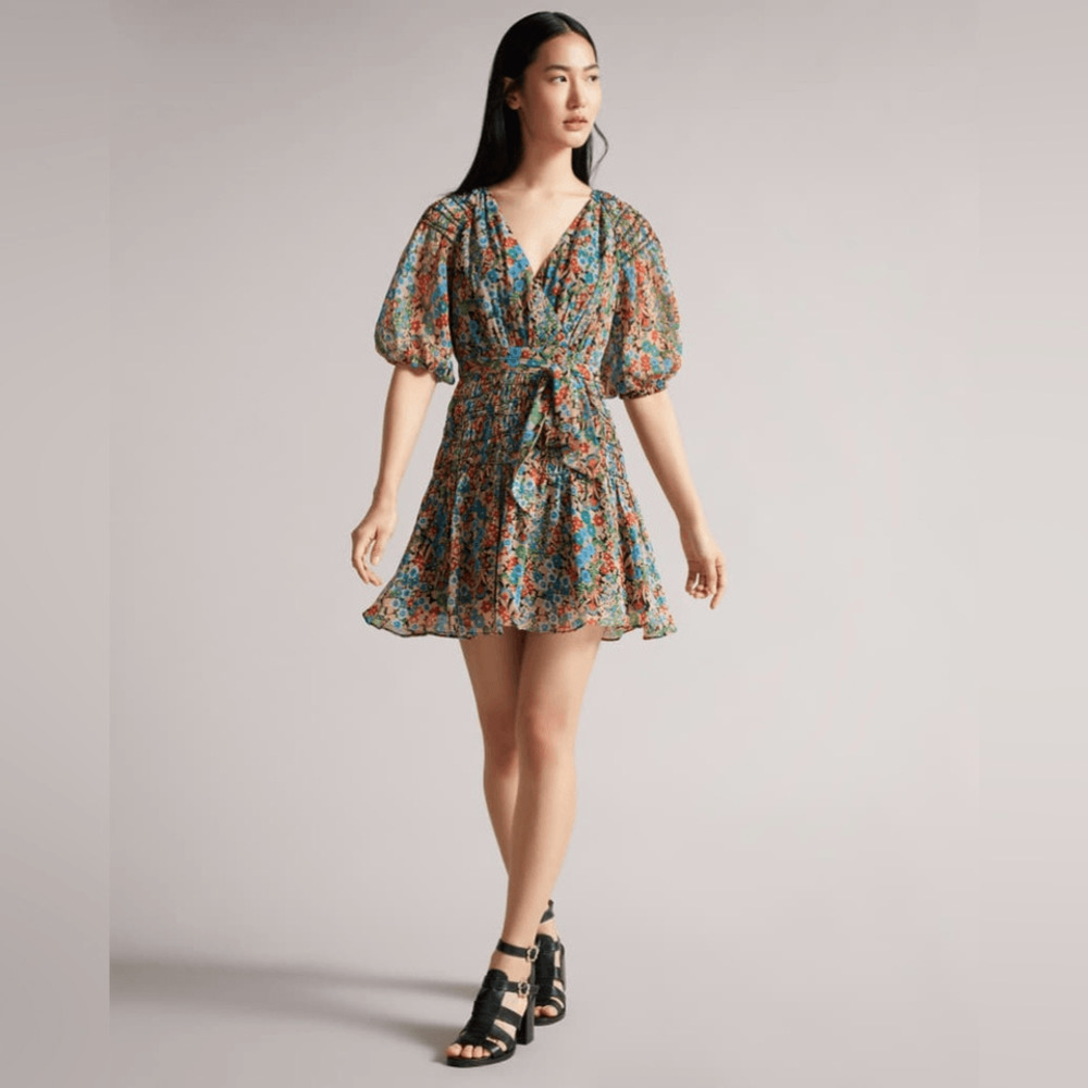 NEW Ted Baker Tiania Smock Panel Floral Wrap Mini Dress Multicolor Size 1